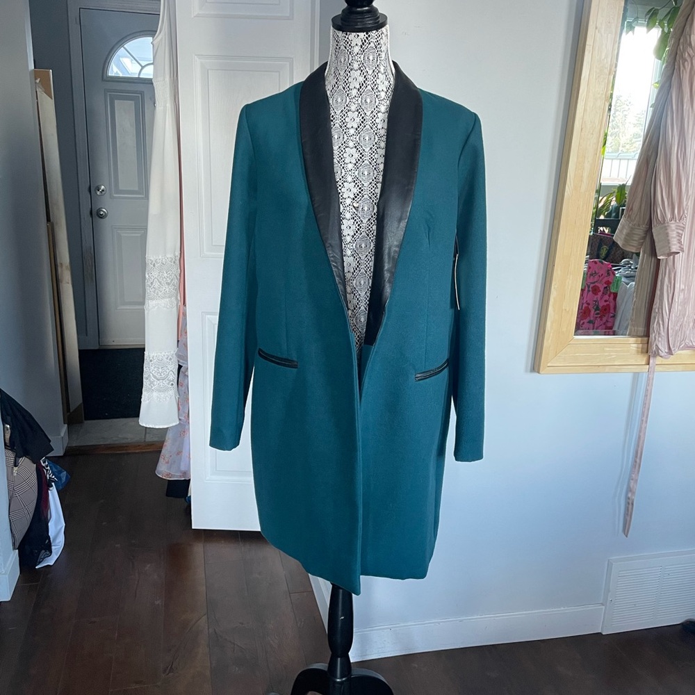 NWT BB Dakota Teal Coat Blazer Jacket With Real Leather Trim. Large. - Picture 2 of 10